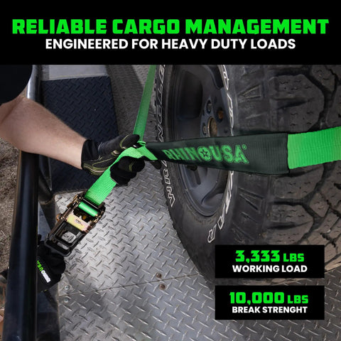 Badass Car Hauler Tie Down Straps Four Pack Two By Eight Foot Lasso Kit with a worker securing a strap around a tire.