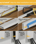 Easy installation instructions for Slick Low Profile TV Wall Mount Cord Hider, showing steps for attaching and hiding cables.