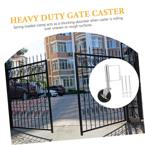 Heavy Duty Spring Loaded Gate Caster Wheel With Adjustable Tension For Smooth Rolling On Uneven Ground near open black gate.