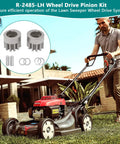 Left And Right Side Wheel Drive Pinion Replacement Gear Kit For 42 Inch Lawn Sweepers displayed alongside a lawn sweeper in action.