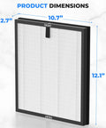 Top Notch Multi Layer Air Purifier Replacement Filter Compatible With Slarp1076WT And Slarp1076BK Models showing dimensions 2.7 x 10.7 x 12.1 inches.