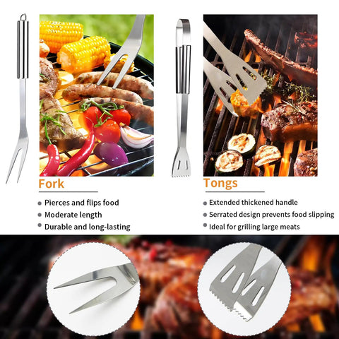11 Piece Stainless Steel BBQ Tool Set With Storage Bag For Outdoor Grilling Camping And Backyard Use Dad Gifts For Fathers Day Includes Tongs and Fork