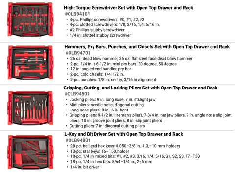 248 Piece Tool Set In A Modular Stacking Tool Cart With Six-Drawer L-BOXX Compatible Organizer displayed organized by drawer type.