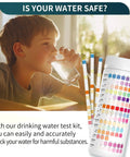 A boy drinking water while holding a glass, with Twenty In One Drinking Water Test Strips Fast Home Analysis For Ph Hardness Lead Iron Copper Chlorine And Bacteria in focus.