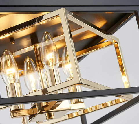 Modern Flush Mount Ceiling Light With E12 Base Three Lights Close To Ceiling Design Matte Black Exterior And Glossy Gold Inner Finish 12x12x7 Inches Sleek Dope Vibe For Living Room Hallway Or Entry, interior view of lights on.