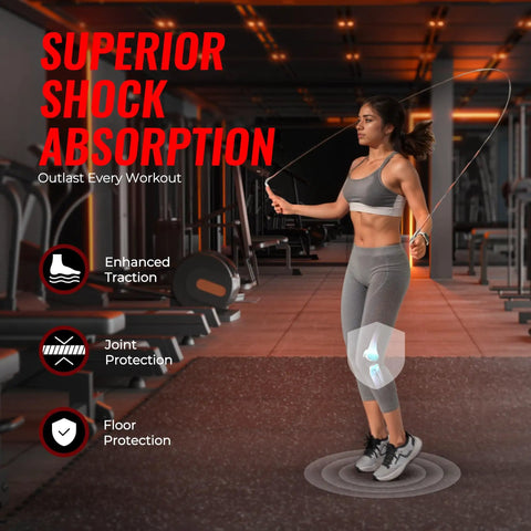 Woman skipping on 0.79 Inch Extra Thick Exercise Mats, 12 Pack Interlocking Gym Flooring Tiles With Rubber Top, in gym.