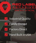 Red Label Abrasives logo with industrial quality benefits listed, factory direct, hand built in USA, near ceramic sanding belt image.