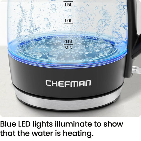 Fast 1.8L Electric Kettle 1500W for Quick Boil with blue LED and removable lid, borosilicate glass showing boiling water.