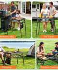 Portable Folding Grill Table With 3 Level Adjustable Height For Outdoors, Lightweight Aluminum Camping Table With Mesh Bag in use for backyard BBQ, RV travel, camping, and outdoor cooking.