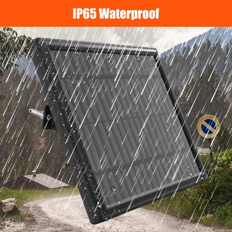 Built Different 12 Volt Solar Panel For Deer Feeders And Trail Cameras in rain, showcasing durable and waterproof design.
