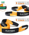 4x4 Off-Road Recovery Kit With 33,000lbs Tow Strap 20ft, 20,000lbs Tree Saver straps, orange with black trim, Rayteen logo