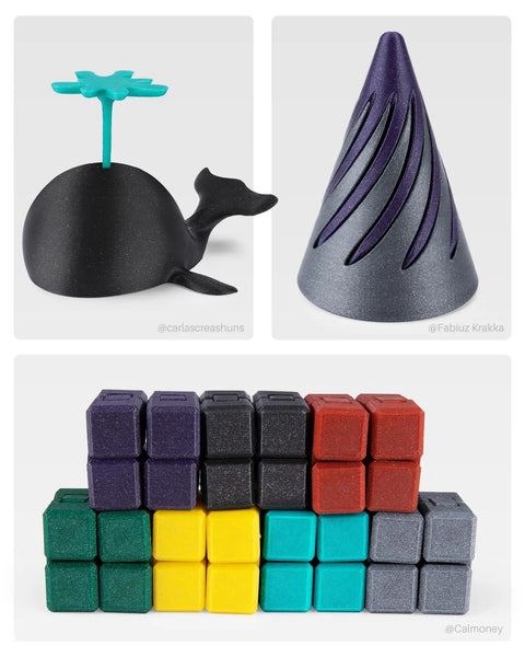 Knock Out Sparkle Black PLA 3D Printer Filament 1.75Mm 1Kg Bag displaying creative 3D printed designs including a whale planter.