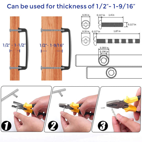 5 Pack Solid Matte Black Cabinet Handles installation guide and measurements for kitchen drawers, 6-1/4 inch center screws