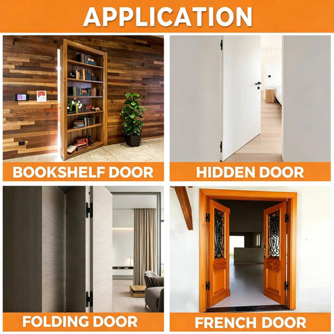 Six Inch Hidden Door Hinges Rock Solid Zinc Alloy Concealed Hardware shown for bookshelf, hidden, folding, and French door applications.