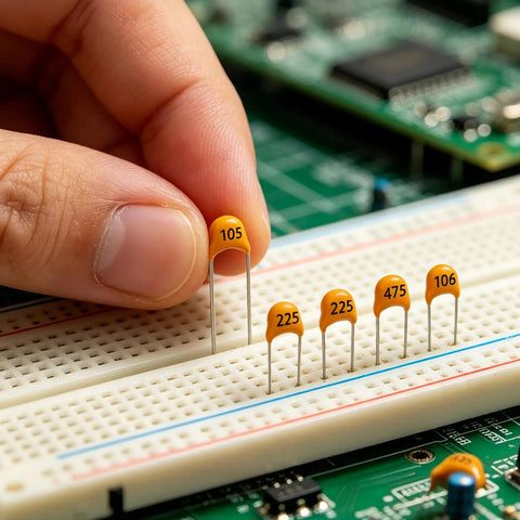 Hand holding 105 ceramic capacitor from the 500 Piece Ceramic Capacitor Assortment Kit With 10 Values 0.1 uF To 10 uF Multilayer Monolithic Parts.