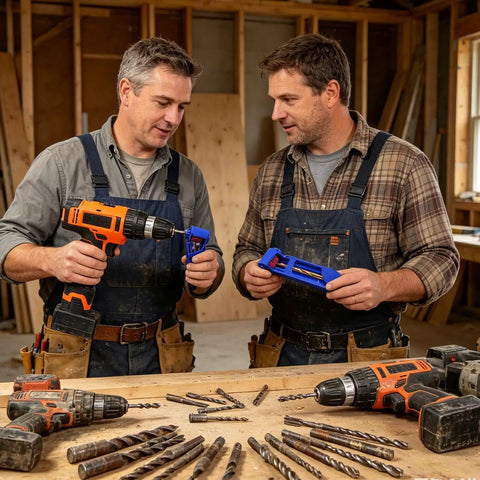 Heavy Duty Angle Grinder And Saw Cutter Featuring Field Ready Drill Bit Sharpening Tool With Brown Fused Alumina Wheel And Antislip Hex Shank For No Sweat Operation And Hard Core Trade Repairs in use by two workers with drills.