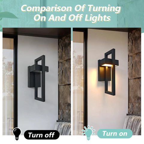 Comparison of Killer Matte Black Outdoor Wall Lanterns 2-Pack Dimmable LED Wall Sconces with lights on and off.