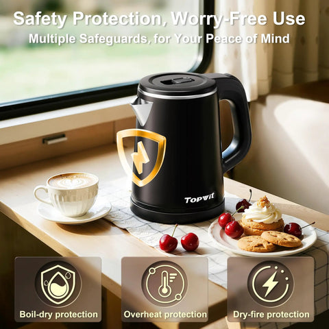 Ultra Portable 0.8L Electric Kettle With Stainless Steel Build placed on a table near a window, showing safety features.