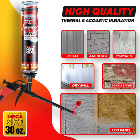 Supercharged Expanding Foam Insulation And Premium Gap Sealant Spray 30 Oz Cans 12 Pack shown with various surfaces including metal, drywall, and concrete.