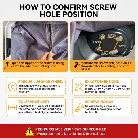 How to confirm screw hole position for Heavy Duty Spinner Luggage Wheels Replacement 4 Pack Black Suitcase Casters installation.