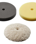 7 Inch Polishing And Finishing Pad Kit For Dual Action Polisher Easy Centering Hole For Quick Pad Alignment Compatible With All 7 Inch Hook And Loop Backing Pads Includes 49-36-2783 2784 2785 showing three pads.