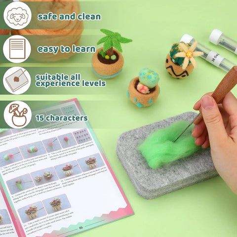 Beginner Needle Felting Kit With Succulent Designs, 15 Piece Set including wool roving, foam mat, felting needles and instructions