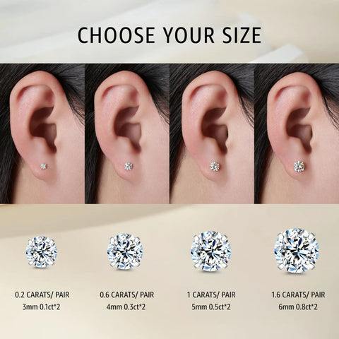 Badass Lab Created Moissanite Stud Earrings With Blazing Fire Sparkle Hypoallergenic Titanium Screw Back Set Up For Heavy Daily Drip And Smooth Flex Real Talk sizes shown on ear models.