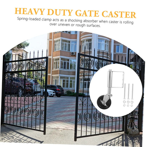 Heavy Duty Spring Loaded Gate Caster Wheel Supports 75kg Cold Rolled Steel Roller installed on black metal gates.