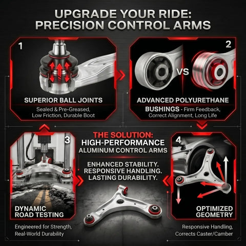 Bulletproof Suspension Control Arm Kit With Ball Joints For 09 Through 14 Nissan Maxima diagram showing parts and features, including ball joints and materials.