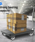 Built Tough 3 Inch Swivel Plate Casters With Secure Wheel Brakes And Smooth Double Ball Bearings For Heavy Duty Cart Work That Rolls Easy All Day Long on a sturdy cart with boxes.
