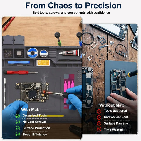 Top Tier Heat Resistant Silicone Soldering Mat With Magnetic Screw Retainer Tray, showcasing organized tools for PCB repair.