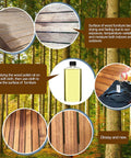 Instructions for maintaining wood furniture with polish oil, showing effects on the Foldable Outdoor Eucalyptus Wood Bench For Two.