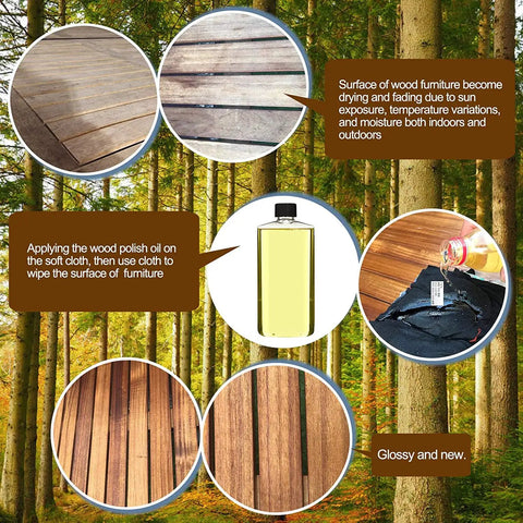 Instructions for maintaining wood furniture with polish oil, showing effects on the Foldable Outdoor Eucalyptus Wood Bench For Two.