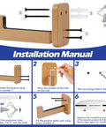Installation manual for Top Shelf Beech Wood Surfboard Wall Mount Rack With Grippy Non Slip V Pads showing assembly steps.