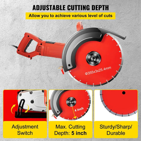 1800 Watt Electric Concrete Saw With 14 Inch Diamond Blade Wet Or Dry Circular Saw For Wood Stone Metal Cutting Adjustable Depth Copper Motor showing adjustable depth feature.
