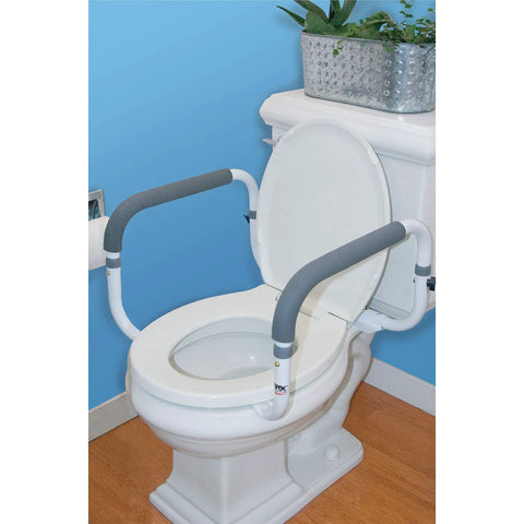 Straight Up Sturdy Toilet Safety Frame With Adjustable Width That Keeps Bath Time Breezy Ergonomic Grab Bars For Elderly And Handicap Post Surgery Recovery Supports Up To 300 Lbs Pack Of Two on a toilet.