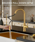 Gold Kitchen Faucet With Pull Down Sprayer, Brushed Brass High Arc Gooseneck Sink Faucet, single handle, shown in modern kitchen