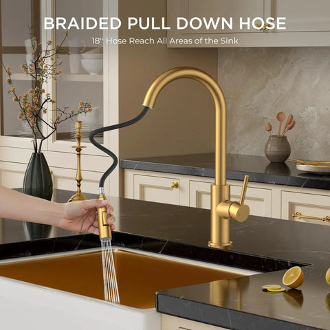 Gold Kitchen Faucet With Pull Down Sprayer, Brushed Brass High Arc Gooseneck Sink Faucet, single handle, shown in modern kitchen