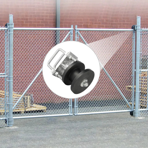 Badass Sliding Gate Rollers For Chain Link Fencing With 4 Inch Post Mounting Heavy Duty Nylon Cantilever Wheels displayed on a chain link gate.
