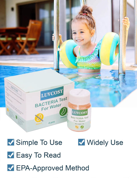 4 Pack Coliform E Coli Water Test Kit Works Like A Charm For Fast 48 Hour Home Well Tap Pool And Lake Testing Easy No Hassle Bacteria Detector For Safe Drinking Water That Keeps Your Family Happy And Totally Worry Free Any Day, Girl smiling in pool next to testing kit.