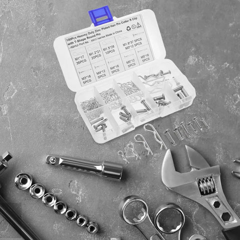 Assorted Safety Cotter Pin Kit 100 Pcs For Quick Install And Easy Removal Carbon Steel Silver Pins Includes Variety Of Pin Types For Auto Hitch Clips Heavy Duty And Rust Resistant Outdoor Ready, open organizer case