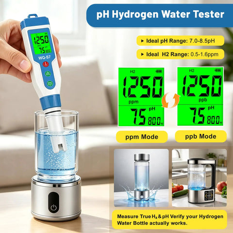 Top Tier Slick Digital Water Tester Meter With Huge Lcd Screen For Hydrogen Ph Orp Tds Ec Plus Salt Testing Dead Simple Results, measuring water pH and hydrogen levels in clear glass.