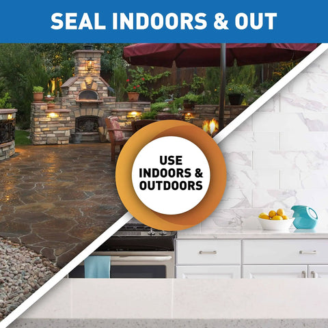 Advanced Pro Grade Penetrating Sealer for Countertops and Stone Tile, showing indoor kitchen and outdoor patio surfaces