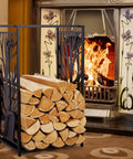 Compact Firewood Rack And Four Tool Set For Fireplace, Log Holder With Brush, Shovel, Poker And Tongs in front of lit fireplace