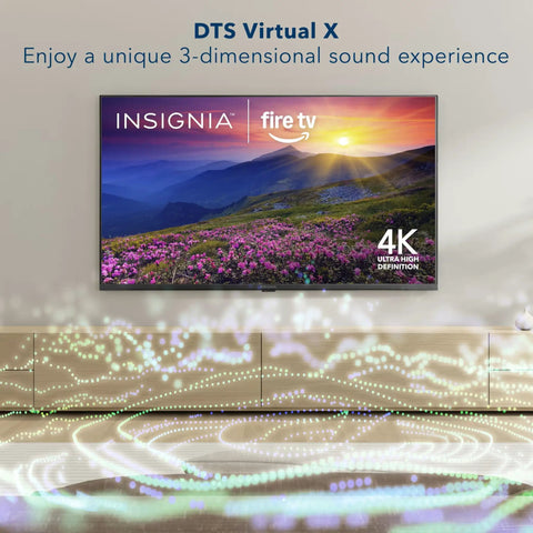 50 Inch Led Smart Fire TV Featuring Sick 4K Ultra HD Picture Quality And Dope HDR10 Contrast Levels With Alexa Voice Remote viewed on a stylish media console.