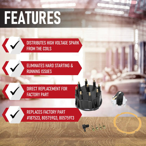 Distributor Cap Tune Up Kit With Rotor And Gasket For GM V8 HEI Ignition Thunderbolt IV And Thunderbolt V Systems on wooden surface with checklist and features