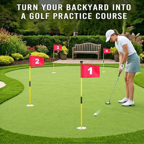 Person practicing on mini putting green with Two Pack 3Ft Golf Flagstick Mini Putting Green With Hole Cup Set in backyard