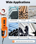 Built Like A Tank Electric Pipe Threader Machine With Six Interchangeable Die Heads And Portable Ratchet Grip for various pipe types.