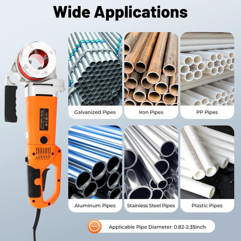 Badass Electric Pipe Threader Kit 1/2 To 2 Inch With 6 Dies Plus 2300W Copper Motor showcasing various pipe types and sizes.