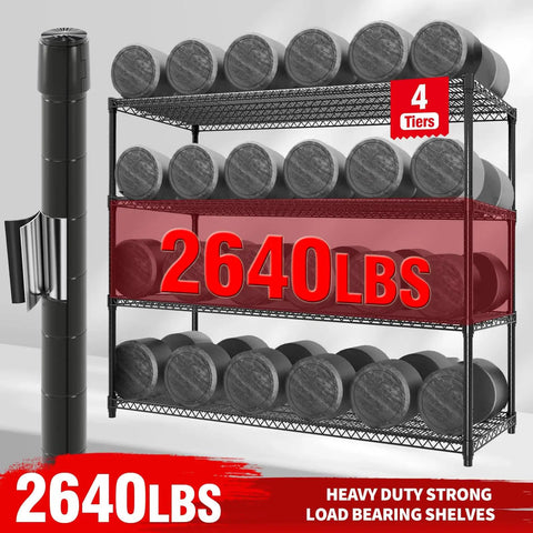 Extra Large Built Tough Four Tier Carbon Steel Wire Shelving Unit With Roller Glide Wheels, 2640lbs capacity, for heavy storage.